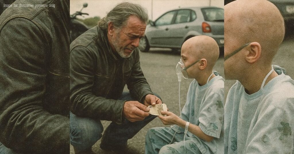 Il motociclista prese la banconota stropicciata da venti euro dalla mano scheletrica del bambino di dieci anni e cercò di non piangere.