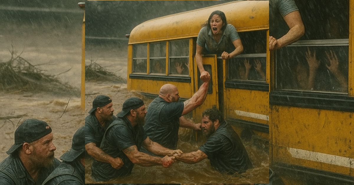 Nadie se atrevía a entrar al agua… hasta que unos motoristas rompieron el autobús y cambiaron todo