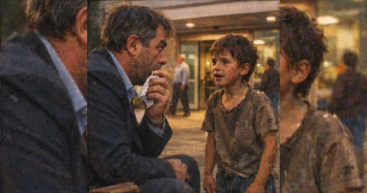 Un bambino scalzo sussurra a un ricco padre davanti all’ospedale: “Posso far camminare tua figlia