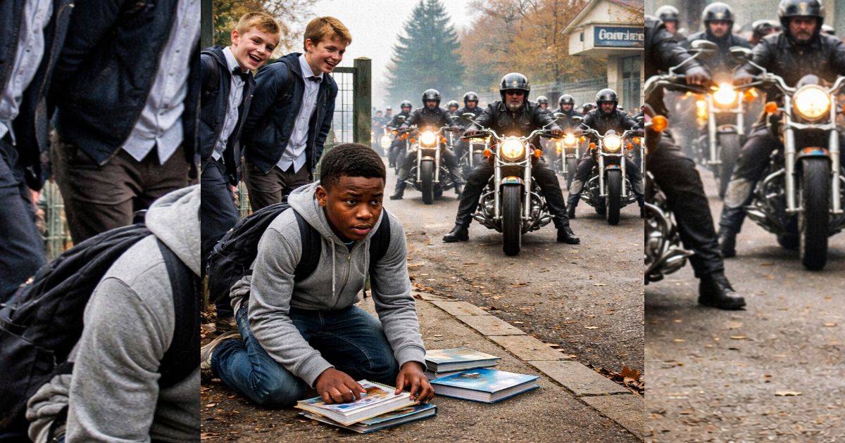 Sie lachten am Schultor über den neuen Jungen – bis plötzlich zehn Motorräder direkt vor ihnen stoppten
