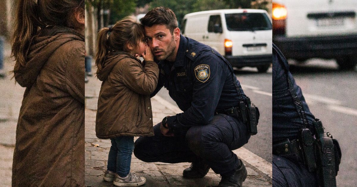 La niña no lloró ni gritó: sus seis palabras helaron al policía… y una furgoneta blanca ya los vigilaba